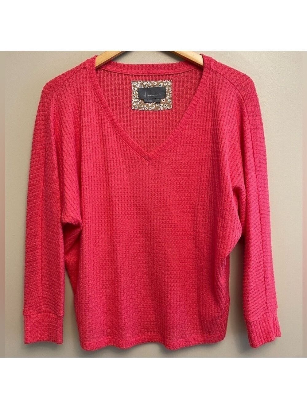 Anthropologie Pink Waffle Knit V Neck XS Oversized Watermelon